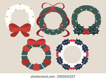 Christmas door wreath designs set minimal doodle illustration style. green and white wreath with red bow ribbon for winter holiday decoration. Flat vector illustrations isolated on beige background