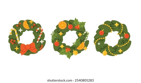 Christmas door wreath designs set. Fir branch circles with Xmas decor, ornaments, ribbon, baubles, flower, food for winter holiday decoration. Flat vector illustrations isolated on white background