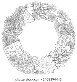 Christmas door wreath. Fir branch circles with Xmas decor, ornaments, ribbon, baubles, flower, food for winter holiday decoration. Flat vector illustrations isolated on white background. Coloring page