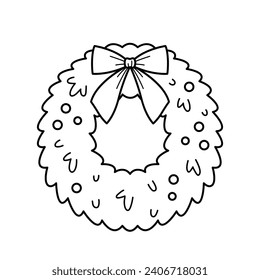 Christmas door wreath. Hand drawn sketch icon of xmas holiday decoration. Isolated vector illustration in doodle line style.