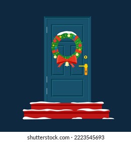 Christmas door with wreath, snow and fir. Flat cartoon style vector illustration.