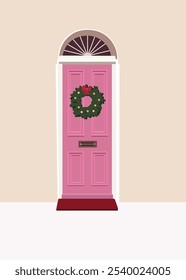 Porta de Natal com coroa de flores, ilustração vetorial moderna, fachada de casa estilo inglês