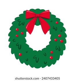 Christmas door wreath. Winter xmas wreath with bow and red berries.  Decorative design element for holiday. Flat vector illustration isolated on white background.