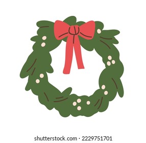 Christmas door wreath. Xmas holiday decoration with red bow, circle round festive ornament from green fir branches. Traditional winter decor. Flat vector illustration isolated on white background