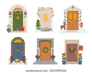 Christmas doors exterior decorated with wreath, garlands, baubles for winter seasonal holidays isolated set. Entrance of home facade with traditional festive ornaments design vector illustration