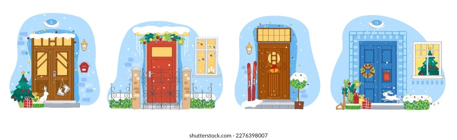 Las puertas de Navidad y la colección de ventanas. Ilustración vectorial de vacaciones para postales de Navidad, tarjetas de felicitación y afiches.