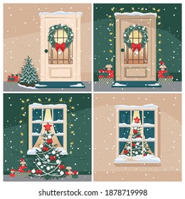Christmas doors and windows with fir tree and Christmas decorations. Christmas backgrounds set. Vector illustration.