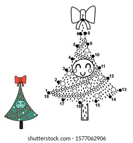 Christmas dot to dot game with a funny tree. Connect the dots winter puzzle for kids. Vector illustration 