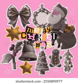 Conjunto de recortes de collage de semitono punteado de Navidades. Varias Formas de recorte de papel, pegatinas de papel con textura vintage y garabatos. Moderna Ilustración vectorial de medios mixtos grunge retro