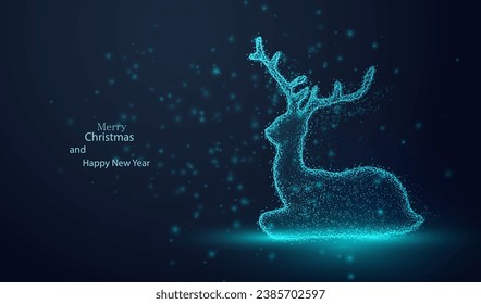 Christmas dotted particles deer background. Winter holiday glitter 
technology card texture. Glowing x-mas and Happy New Year vector design.
