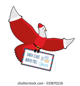 Christmas Dove carries mail to Santa Claus. postal pigeons in Santas cap and red suit. post with childrens letters. Illustration for and New Year