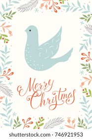 Christmas Dove. Holiday greeting card. Vector illustration.