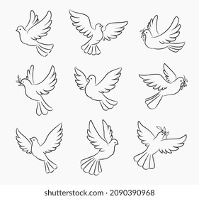 Christmas dove and pigeon bird vector silhouettes of Xmas tree decorations. Christian religion symbols of peace, hope and love, doves flying with olive branches and spread wings, isolated background