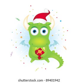 Christmas dragon holding a gift