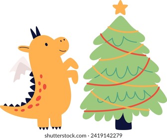 Christmas Dragon With Tree Vector Illustration