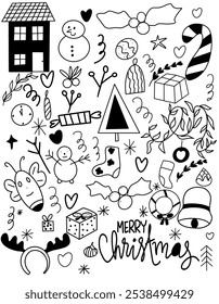 Christmas drawing sketch drawing for your design promotion , have Christmas tree and cute deer text box and gift handwriting merry Christmas. Christmas doodles vector set. merry xmas holidays