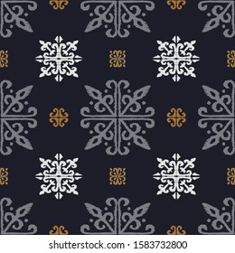 Christmas drawing with snowflakes. The Nordic style. Folk print with flakes. Scandinavian, Portuguese ornament. Spanish porcelain. Oriental damask. Ethnic motif. Ikat geometric folklore background. 