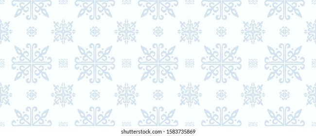 Christmas drawing with snowflakes. The Nordic style. Folk print with flakes. Scandinavian, Portuguese ornament. Spanish porcelain. Oriental damask. Ethnic motif. Ikat geometric folklore background. 