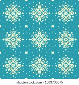 Christmas drawing with snowflakes. The Nordic style. Folk print with flakes. Scandinavian, Portuguese ornament. Spanish porcelain. Oriental damask. Ethnic motif. Ikat geometric folklore background. 