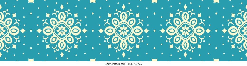 Christmas drawing with snowflakes. The Nordic style. Folk print with flakes. Scandinavian, Portuguese ornament. Spanish porcelain. Oriental damask. Ethnic motif. Ikat geometric folklore background. 