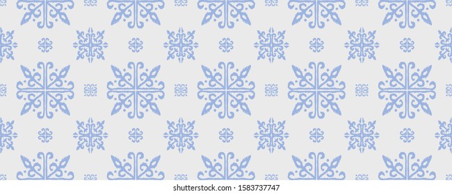 Christmas drawing with snowflakes. The Nordic style. Folk print with flakes. Scandinavian, Portuguese ornament. Spanish porcelain. Oriental damask. Ethnic motif. Ikat geometric folklore background. 