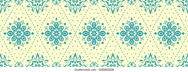Christmas drawing with snowflakes. The Nordic style. Folk print with flakes. Scandinavian, Portuguese ornament. Spanish porcelain. Oriental damask. Ethnic motif. Ikat geometric folklore background. 