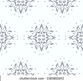 Christmas drawing with snowflakes. The Nordic style. Folk print with flakes. Scandinavian, Portuguese ornament. Spanish porcelain. Oriental damask. Ethnic motif. Ikat geometric folklore background. 