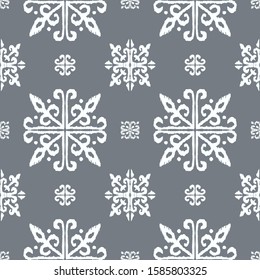 Christmas drawing with snowflakes. The Nordic style. Folk print with flakes. Scandinavian, Portuguese ornament. Spanish porcelain. Oriental damask. Ethnic motif. Ikat geometric folklore background. 