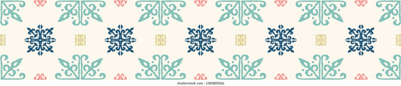 Christmas drawing with snowflakes. The Nordic style. Folk print with flakes. Scandinavian, Portuguese ornament. Spanish porcelain. Oriental damask. Ethnic motif. Ikat geometric folklore background. 