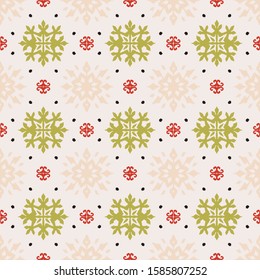 Christmas drawing with snowflakes. The Nordic style. Folk print with flakes. Scandinavian, Portuguese ornament. Spanish porcelain. Oriental damask. Ethnic motif. Ikat geometric folklore background. 