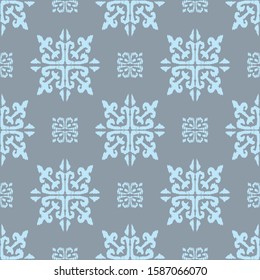 Christmas drawing with snowflakes. The Nordic style. Folk print with flakes. Scandinavian, Portuguese ornament. Spanish porcelain. Oriental damask. Ethnic motif. Ikat geometric folklore background. 