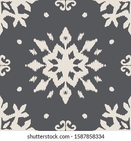 Christmas drawing with snowflakes. The Nordic style. Folk print with flakes. Scandinavian, Portuguese ornament. Spanish porcelain. Oriental damask. Ethnic motif. Ikat geometric folklore background. 