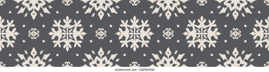 Christmas drawing with snowflakes. The Nordic style. Folk print with flakes. Scandinavian, Portuguese ornament. Spanish porcelain. Oriental damask. Ethnic motif. Ikat geometric folklore background. 