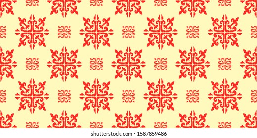 Christmas drawing with snowflakes. The Nordic style. Folk print with flakes. Scandinavian, Portuguese ornament. Spanish porcelain. Oriental damask. Ethnic motif. Ikat geometric folklore background. 