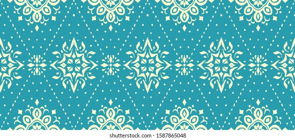 Christmas drawing with snowflakes. The Nordic style. Folk print with flakes. Scandinavian, Portuguese ornament. Spanish porcelain. Oriental damask. Ethnic motif. Ikat geometric folklore background. 