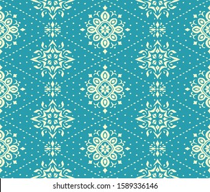 Christmas drawing with snowflakes. The Nordic style. Folk print with flakes. Scandinavian, Portuguese ornament. Spanish porcelain. Oriental damask. Ethnic motif. Ikat geometric folklore background. 