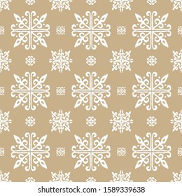 Christmas drawing with snowflakes. The Nordic style. Folk print with flakes. Scandinavian, Portuguese ornament. Spanish porcelain. Oriental damask. Ethnic motif. Ikat geometric folklore background. 