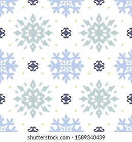 Christmas drawing with snowflakes. The Nordic style. Folk print with flakes. Scandinavian, Portuguese ornament. Spanish porcelain. Oriental damask. Ethnic motif. Ikat geometric folklore background. 