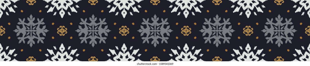 Christmas drawing with snowflakes. The Nordic style. Folk print with flakes. Scandinavian, Portuguese ornament. Spanish porcelain. Oriental damask. Ethnic motif. Ikat geometric folklore background. 