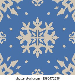 Christmas drawing with snowflakes. The Nordic style. Folk print with flakes. Scandinavian, Portuguese ornament. Spanish porcelain. Oriental damask. Ethnic motif. Ikat geometric folklore background. 