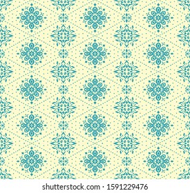 Christmas drawing with snowflakes. The Nordic style. Folk print with flakes. Scandinavian, Portuguese ornament. Spanish porcelain. Oriental damask. Ethnic motif. Ikat geometric folklore background. 
