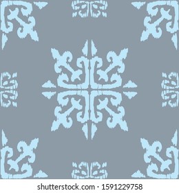 Christmas drawing with snowflakes. The Nordic style. Folk print with flakes. Scandinavian, Portuguese ornament. Spanish porcelain. Oriental damask. Ethnic motif. Ikat geometric folklore background. 