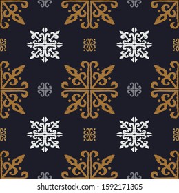 Christmas drawing with snowflakes. The Nordic style. Folk print with flakes. Scandinavian, Portuguese ornament. Spanish porcelain. Oriental damask. Ethnic motif. Ikat geometric folklore background. 