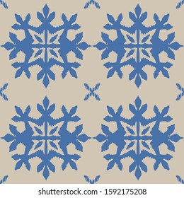 Christmas drawing with snowflakes. The Nordic style. Folk print with flakes. Scandinavian, Portuguese ornament. Spanish porcelain. Oriental damask. Ethnic motif. Ikat geometric folklore background. 
