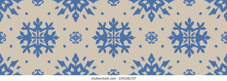 Christmas drawing with snowflakes. The Nordic style. Folk print with flakes. Scandinavian, Portuguese ornament. Spanish porcelain. Oriental damask. Ethnic motif. Ikat geometric folklore background. 