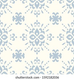 Christmas drawing with snowflakes. The Nordic style. Folk print with flakes. Scandinavian, Portuguese ornament. Spanish porcelain. Oriental damask. Ethnic motif. Ikat geometric folklore background. 