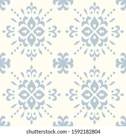 Christmas drawing with snowflakes. The Nordic style. Folk print with flakes. Scandinavian, Portuguese ornament. Spanish porcelain. Oriental damask. Ethnic motif. Ikat geometric folklore background. 
