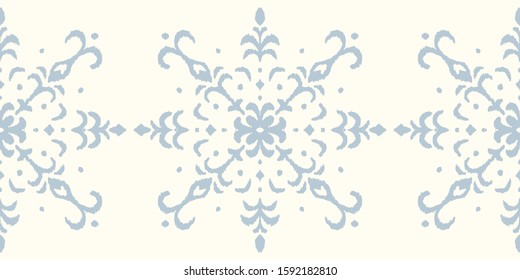 Christmas drawing with snowflakes. The Nordic style. Folk print with flakes. Scandinavian, Portuguese ornament. Spanish porcelain. Oriental damask. Ethnic motif. Ikat geometric folklore background. 