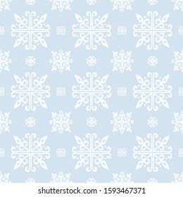 Christmas drawing with snowflakes. The Nordic style. Folk print with flakes. Scandinavian, Portuguese ornament. Spanish porcelain. Oriental damask. Ethnic motif. Ikat geometric folklore background. 
