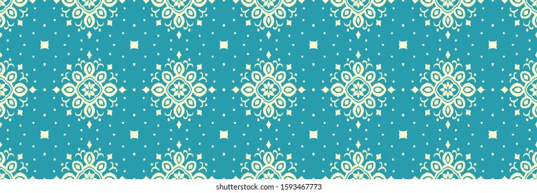 Christmas drawing with snowflakes. The Nordic style. Folk print with flakes. Scandinavian, Portuguese ornament. Spanish porcelain. Oriental damask. Ethnic motif. Ikat geometric folklore background. 